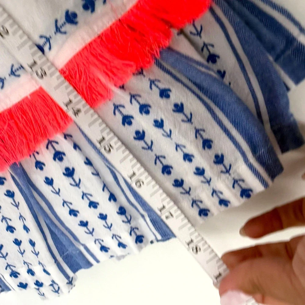Boden Skirt Neon Fringe Tassel 6-7Y White Blue Girls Summer Boho Cotton Tiered‎